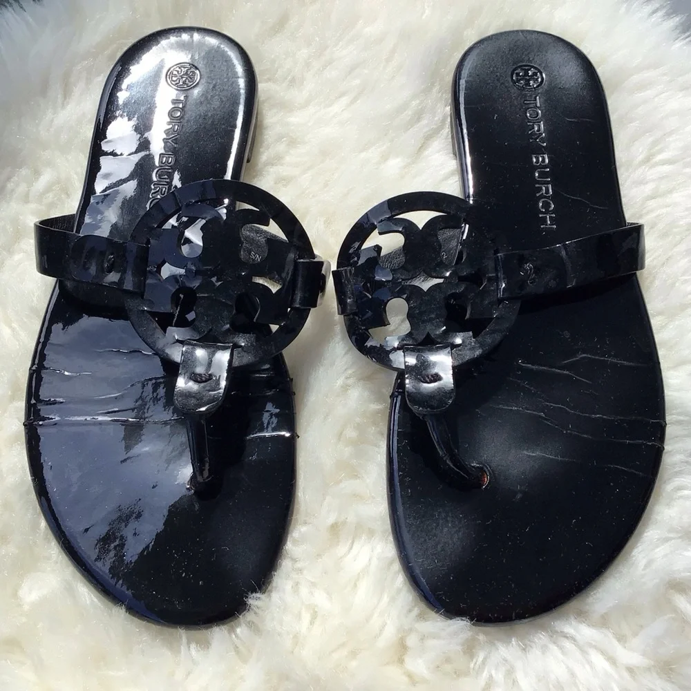 Tory Burch Miller Black Patent Logo Thong Sandals with Double Stacked T Logo